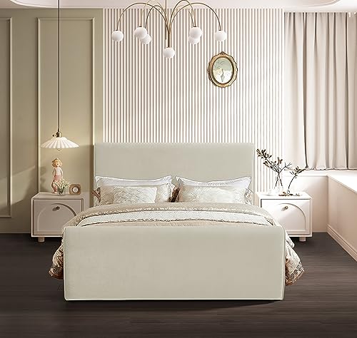 Meridian Furniture SloanCream-K Sloan Collection Modern | Contemporary Velvet Upholstered King Bed with Rich Soft Cream Velvet, Curved Headboard and Footboard, 82" W x 96" D x 45" H, Cream, King
