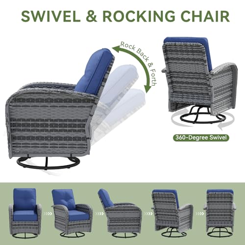 13 PCS Patio Furniture Set with 44'' Fire Pit Table, Outdoor Sectional All-Weather Wicker Conversation Set with Swivel Rocker Chairs, 4'' Thick Cushions for Backyard Poolside(Navy/Grey)