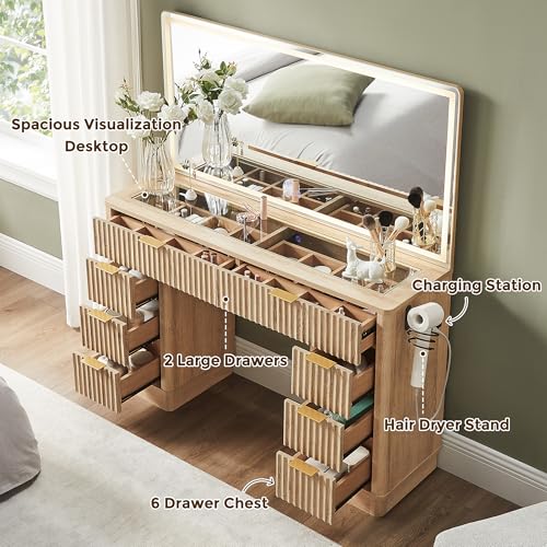 48" Fluted Makeup Vanity Desk with Led Lighted Mirror, Natural Oak, view 5