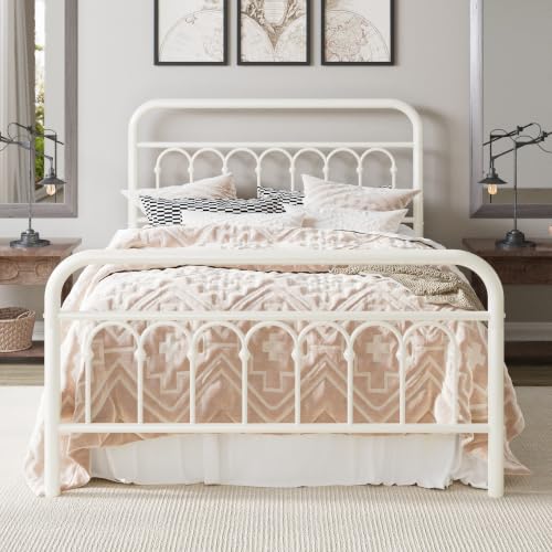 Full Size Metal Platform Bed Frame with Headboard, Cream, view 2