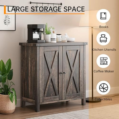 GAOMON Farmhouse Sideboard Buffet Cabinet with Storage, Rustic Wood Credenza with 2 Barn Doors and Adjustable Shelf, Grey Wash Console Cabinet for Kitchen, Dining Room, Living Room or Entryway