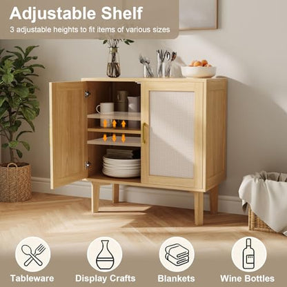 32.2" Rattan Sideboard Cabinet | Modern Accent Storage Cabinet with Adjustable Shelf and Solid Wood Legs for Kitchen, Living Room, Entryway, Natural Oak