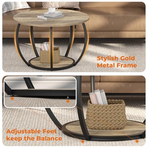 27.6 Inch Round Coffee Table with 2-Tier Storage | Center Table Living Room & Apartment Farmhouse Decor, Stable Waterproof Scratchproof Top, Lightweight Easy Assembly Gray Wash