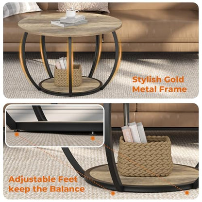 27.6 Inch Round Coffee Table with 2-Tier Storage | Center Table Living Room & Apartment Farmhouse Decor, Stable Waterproof Scratchproof Top, Lightweight Easy Assembly Gray Wash