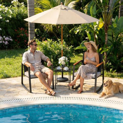 3 Pieces Rocking Patio Bistro Set with Anti-Scald Armrest, Outdoor Patio Wicker Furniture Set with Glass Table and Cushion for Garden, Yard, Porch