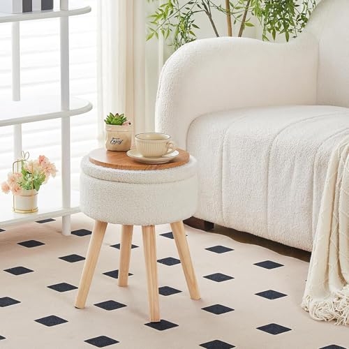 Storage Ottoman Foot Stool Teddy Velvet Round Vanity Stool Tray Top Footstool with Wood Legs Upholstered Foot Rest Ottoman for Living Room, Bathroom, Makeup (White)