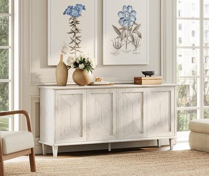 65" Modern Farmhouse TV Stand with Handcrafted Patchwork Doors for 75" TVs, Entertainment Center Console with Cable Management, Adjustable Shelves Storage for Living Room, Pale Oak