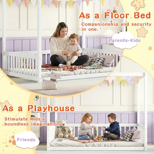 Full Size Canopy Bed Frame with 4 Posters and Guardrails for Kids, view 6