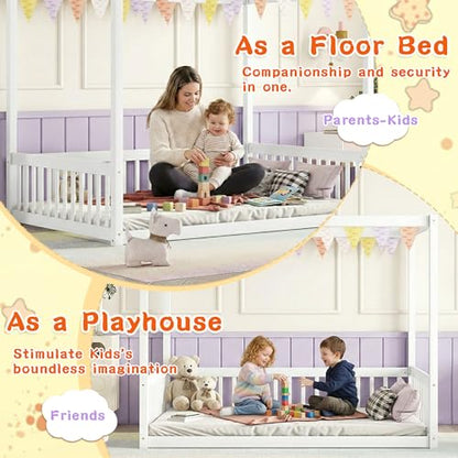 Full Size Canopy Bed Frame with 4 Posters and Guardrails for Kids, view 6