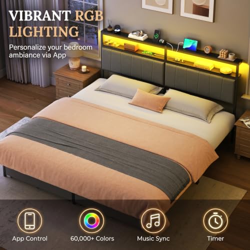 King Bed Frame with Storage Drawers and Charging Station, Grey, view 4