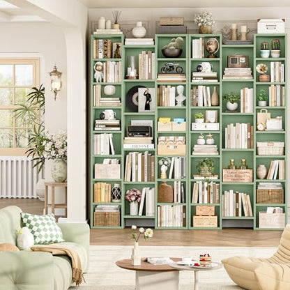 71'' Tall Bookshelf with 21 Cubes, 8 Tier Triple Wide Bookshelf with 8 Adjustable Shelves, 35" Large Bookcase DVD/CD Media Tower Storage, Freestanding Display Shelf Cabinet, Green