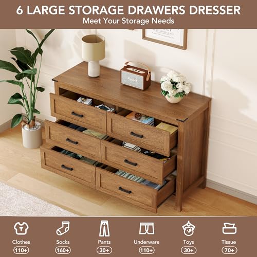 Farmhouse 6 Drawer Dresser for Bedroom, 47.2" Wide Wooden Chest, view 6