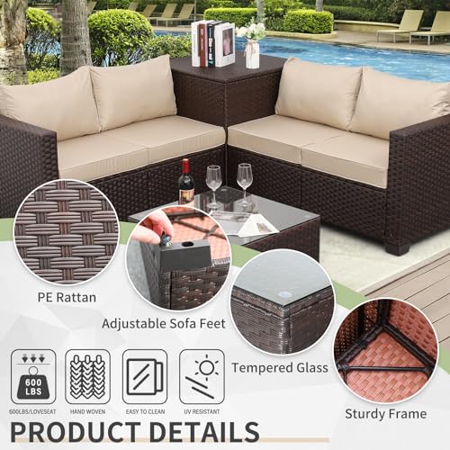 Patio Furniture Set 4 Piece Conversation Sets Brown Rattan Outdoor Couch Loveseat Wicker Sectional Sofa with Storage Box Glass Top Table, Khaki Cushion