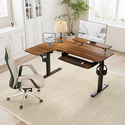 Standing Desk Electric Adjustable Height (61"x43") Computer Desk with Keyboard Tray, Sit Stand Desk L Shaped Desk for Work/Home Office,Dual Motor,Memory Presets,2 USB/RGB,Walnut/Left