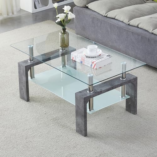 Coffee Table - Rectangle Glass Coffee Table with Simple and Classical Inspired Design, Easy Assembly for Modern Living, 39.5 * 23.5 * 17.5 inches (Grey Marble)
