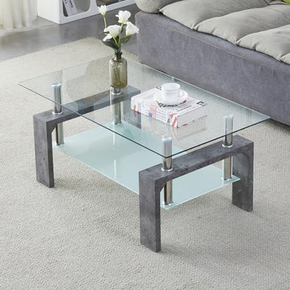 Coffee Table - Rectangle Glass Coffee Table with Simple and Classical Inspired Design, Easy Assembly for Modern Living, 39.5 * 23.5 * 17.5 inches (Grey Marble)