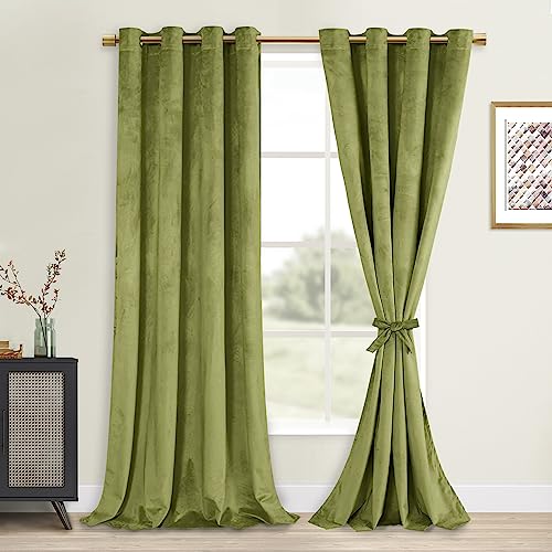 Moss Green Velvet Curtains 96 inches with Tiebacks - Elegant Sunlight Blocking Curtains for Living Room Thermal Insulated Noise Reducing Window Shade Panels for Living Room, W52 x L96, 2 Panels