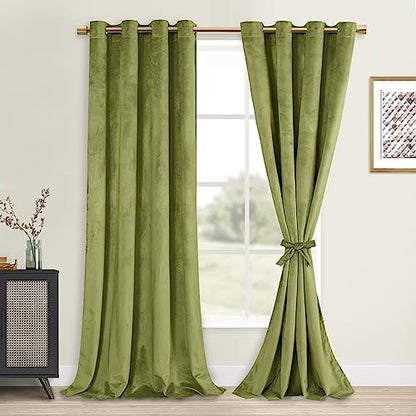 Moss Green Velvet Curtains 96 inches with Tiebacks - Elegant Sunlight Blocking Curtains for Living Room Thermal Insulated Noise Reducing Window Shade Panels for Living Room, W52 x L96, 2 Panels