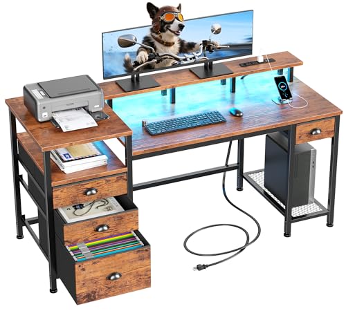 60" Computer Desk with 4 Drawers, Power Outlet, LED, Rustic Brown, view 2