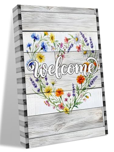 NuYeBiofx Summer Flower Heart Wreath Canvas Wall Art Prints,40"x28" Framed Picture Artwork Country Wood Plank Buffalo Plaid Printed Canvas Oil Painting for Living Room Bedroom Office,Ready to Hang