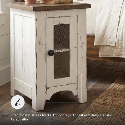 Signature Design by Ashley Wystfield Farmhouse Chair Side End Table with Cabinet Door for Storage, White & Brown with Distressed Finish
