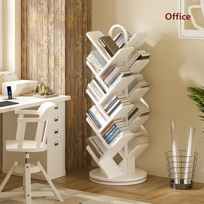 16-Tier Tree Rotating Bookshelf, 360 Degree Spinning Standing Bookcase for Magazines DVDs Books, Corner Bookcase for Living Room Bedroom Study, White