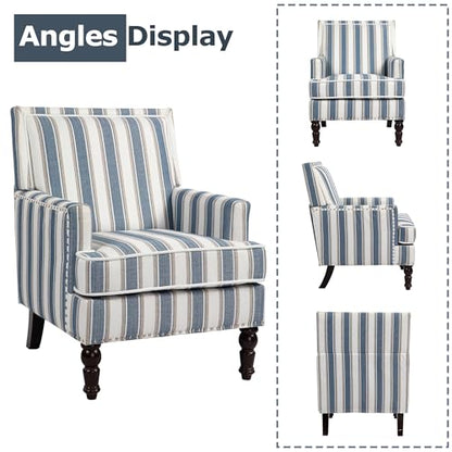 Accent Chair, Comfy Cozy Modern Mid-Century Accent Chairs, Linen Upholstered Lounge Arm Chair with Solid Wood Reading Side Padded Single for Living Room/Office/Balcony/Bedroom-Blue Stripe