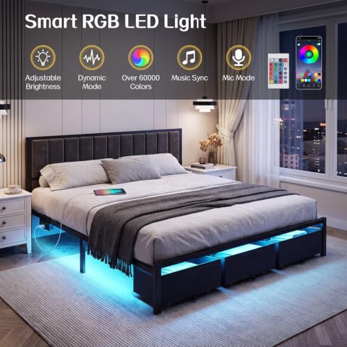 King Bed Frame with 3 Drawers, Charging Station & RGB LED Lights, view 5