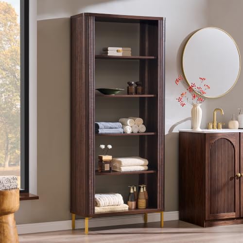74" Tall Fluted Bookshelf, 5 Tiers Modern Curved Bookcase, Brown, view 6