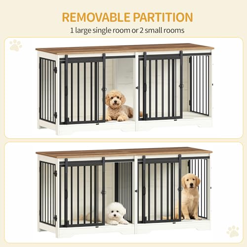 53.3" Dog Crate Furniture for 2 Dogs, Double Dog Cage with Divider, Wooden Heavy Duty Dogs Kennel, Pet Cage with Barn Door, TV Stand for Large Small Medium Pet, White Brown DFC88314B