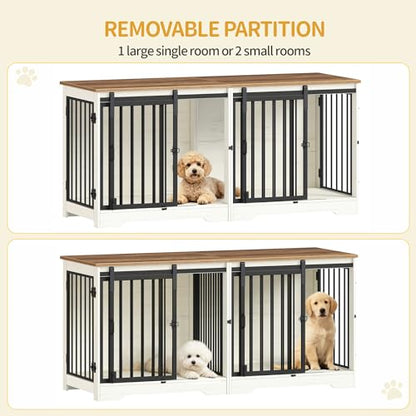 53.3" Dog Crate Furniture for 2 Dogs, Double Dog Cage with Divider, Wooden Heavy Duty Dogs Kennel, Pet Cage with Barn Door, TV Stand for Large Small Medium Pet, White Brown DFC88314B
