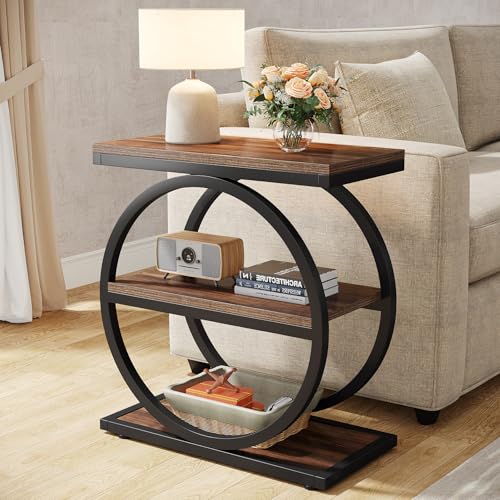 Tribesigns End Table Set of 2, Narrow End Table with 3 Storage Shelves, Wooden Side Table, Industrial Small Sofa Side Table for Living Room, Slim Nightstand and Bedside Table for Bedroom