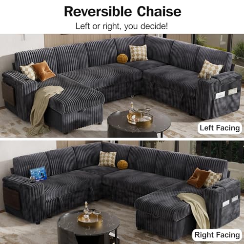 111" Modular Sectional Sleeper Sofa with Pull Out Bed, 7 Seat Plush Corduroy L Shaped Couch with Storage Chaise|USB Ports|Cup Holders|Side Table|Storage Armrests, Tool Free Assembly, Grey