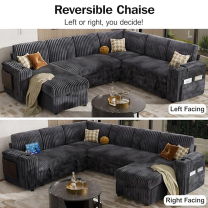 111" Modular Sectional Sleeper Sofa with Pull Out Bed, 7 Seat Plush Corduroy L Shaped Couch with Storage Chaise|USB Ports|Cup Holders|Side Table|Storage Armrests, Tool Free Assembly, Grey