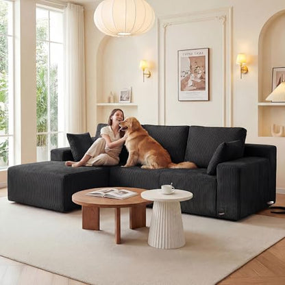 Cloud Sectional Boneless Couches for Living Room, Modular L Shaped Couch with Deep Seat Oversized Left Facing Chaise, Memory Foam Compressed Spineless 3 Seater Sofa for Apartment, Black