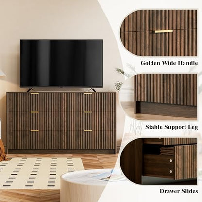 Walnut Dresser for Bedroom, Modern Dresser with 6 Drawers and Smooth Slides, view 4