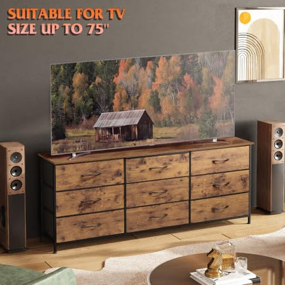 Dresser TV Stand for 75 Inch TV, with 9 Fabric Drawers, Rustic Brown, view 5