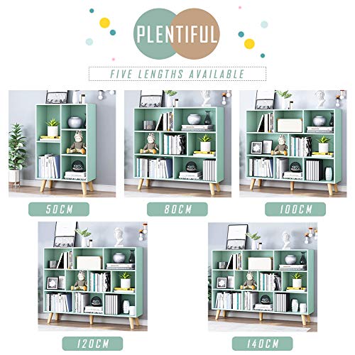 IOTXY Wooden Open Shelf Bookcase - 3-Tier Bookshelf with Leg, Tiffany-Green | Nordic Minimalist Style, MDF Material, Raised Solid Wood Legs, 8 Storage Cubes Display, Floor-Standing Cabinet Organizer