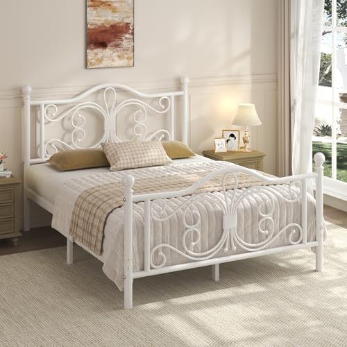 Full Size Bed Frame with Butterfly Pattern Design Headboard, White, view 4