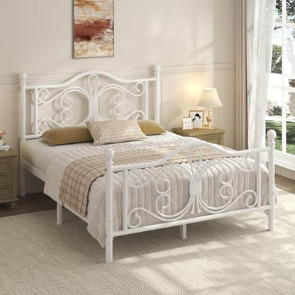 Full Size Bed Frame with Butterfly Pattern Design Headboard, White, view 4