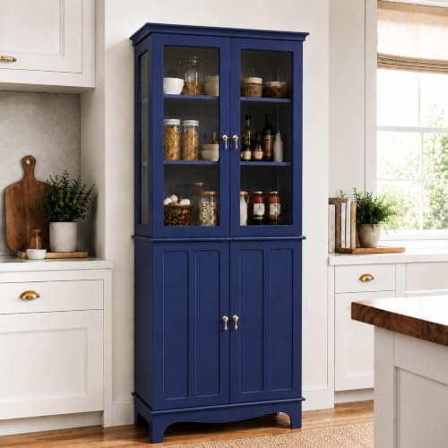 72" China Cabinet, Freestanding Kitchen Pantry with Tempered Glass Doors, view 2