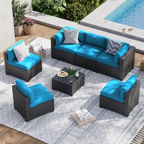 7 Piece Patio Furniture Set, Wicker Rattan Patio Sectional Sofa, Outdoor Furniture Set with Thickened Cushion, Peacock Blue