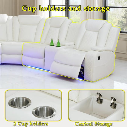 Power Recliner Sofa Set Sectional Couches with LED Light for Living Room, Leather Reclining Corner Sectional Sofa Set with 2 Recliner Seats, Cup Holder, Storage Console, Creamy White