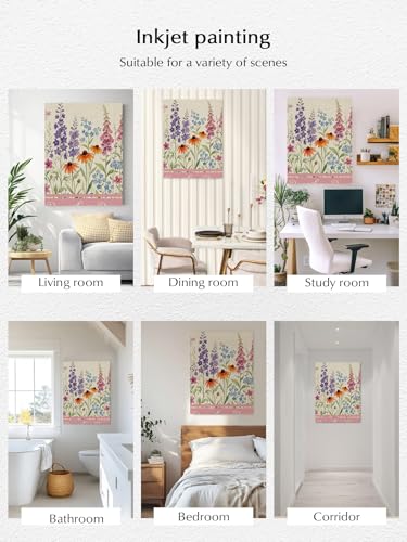 NuYeBiofx Summer Wildflower Retro Linen Canvas Wall Art Prints,48"x32" Framed Picture Artwork Colorful Floral Green Leaf Printed Canvas Oil Painting for Living Room Bedroom Office,Ready to Hang
