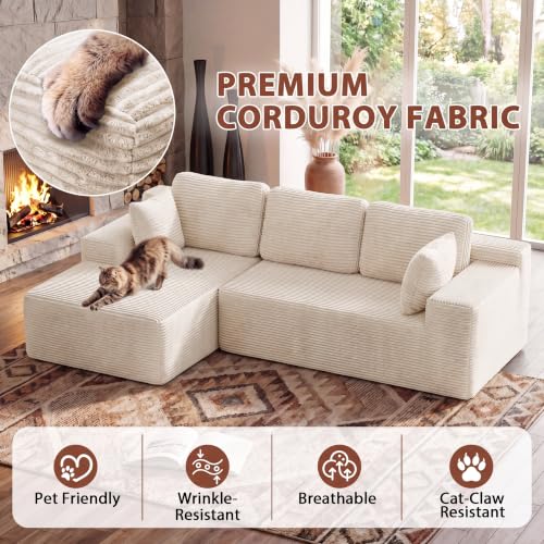 110" Boneless Sectional Couch, Modular Sectional Sofa L-Shape Couch with Deep Seat, Cloud Comfy Boneless Couch for Living Room, No Assembly Required (Corduroy, Beige)