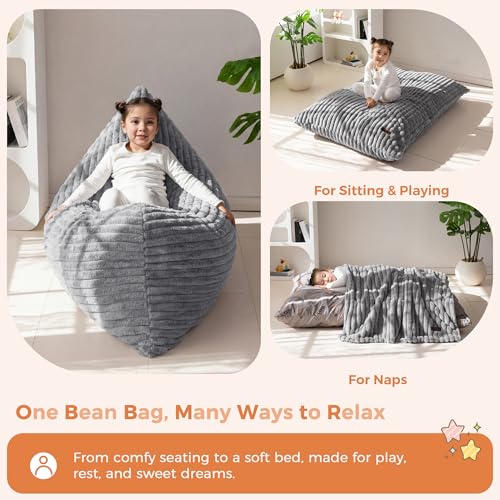 3 in 1 Kids Bean Bag Chair, Convertible Child Chair Folds Bean Bag with Removed Cover, Soft Fur Fabric Floor Couch with High-Density Foam Filling for Living Room Bedroom, Grey
