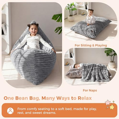 3 in 1 Kids Bean Bag Chair, Convertible Child Chair Folds Bean Bag with Removed Cover, Soft Fur Fabric Floor Couch with High-Density Foam Filling for Living Room Bedroom, Grey