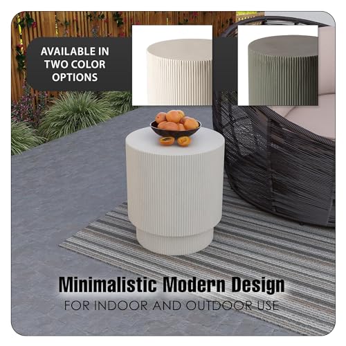 Modern Side Table Round Fiberstone Top Accent End Table for Home, Outdoor Patio, Living Room Sofa, Weather-Resistant, Eden Series in White