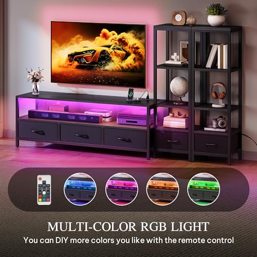 89.2" TV Stand, 5 Drawers & 2 Side Bookshelves, Black, view 7