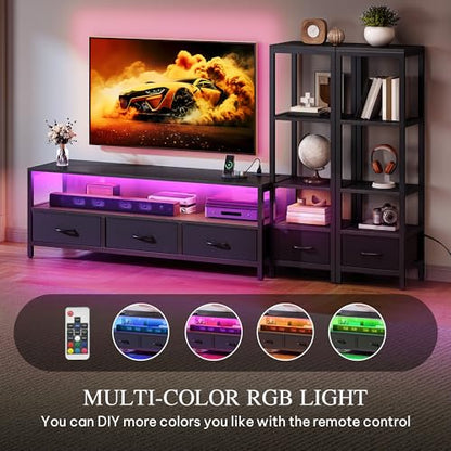 89.2" TV Stand, 5 Drawers & 2 Side Bookshelves, Black, view 7